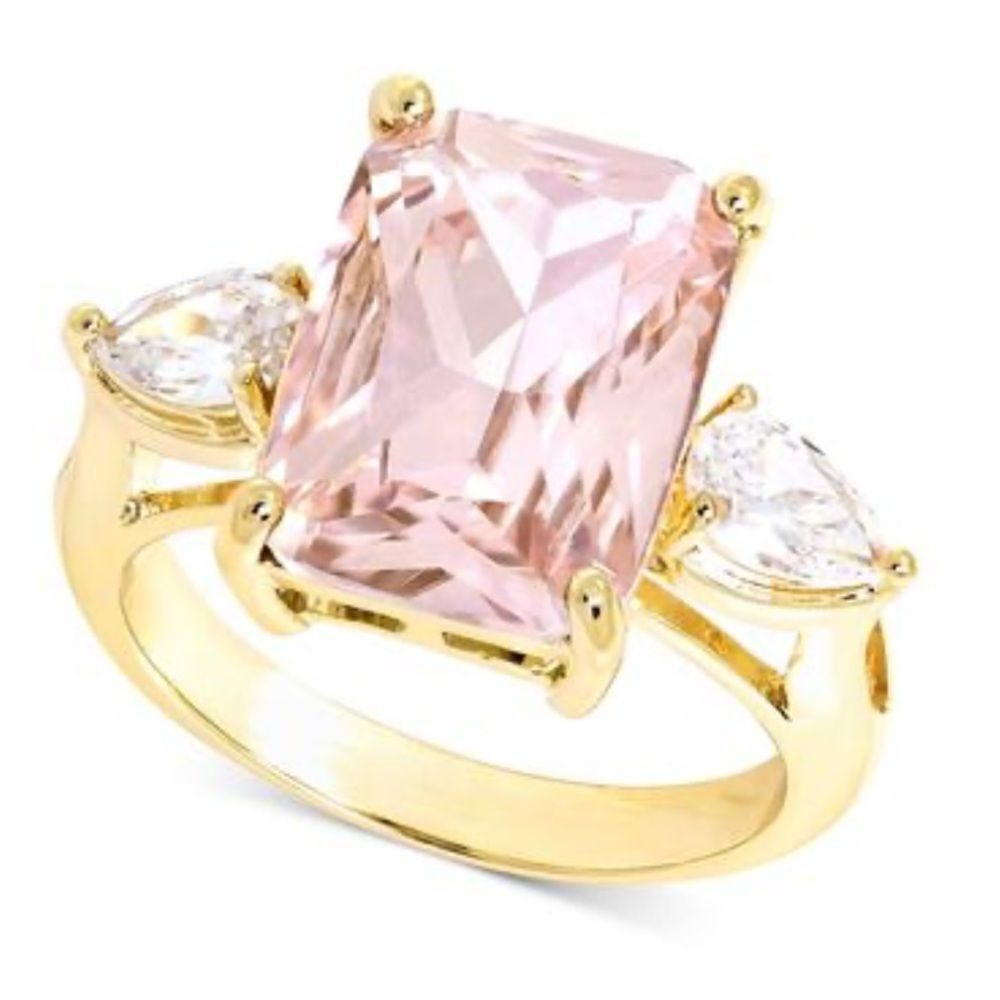 NWT  Charter Club Emerald Cut Crystal Ring in Gold plated - Pink size 6